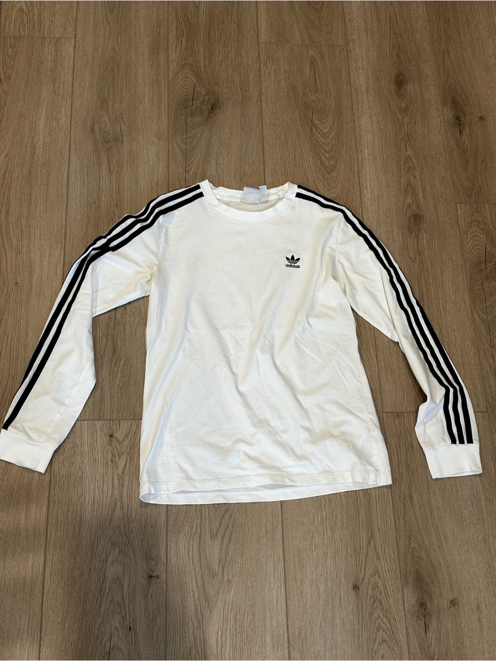 adidas White Embroidered Logo Long Sleeve Tee with Black Three-Stripes